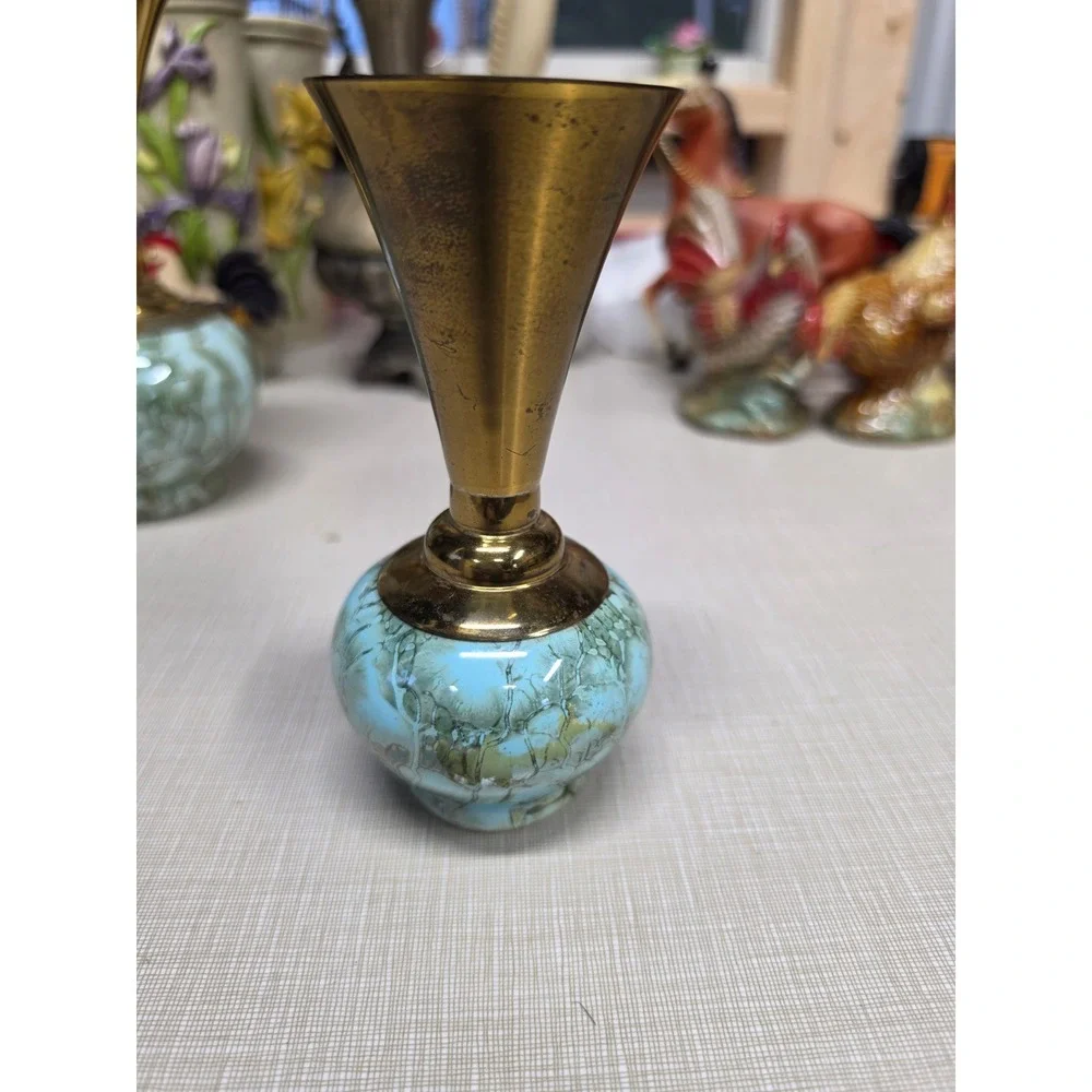 Vintage EB Holland Brass and Marbled Ceramic Bud Vases set of 2 Mid Century